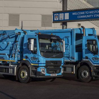 CSH Environmental trucks parked outside Weston Holmes Community Stadium